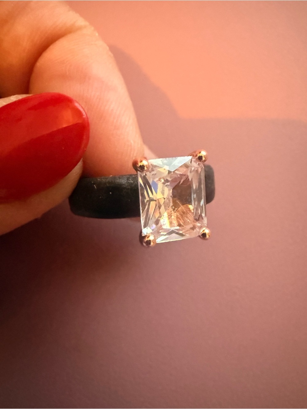 Classic Emerald-Cut Clear Stone Ring in Black silicone Band-Size 8